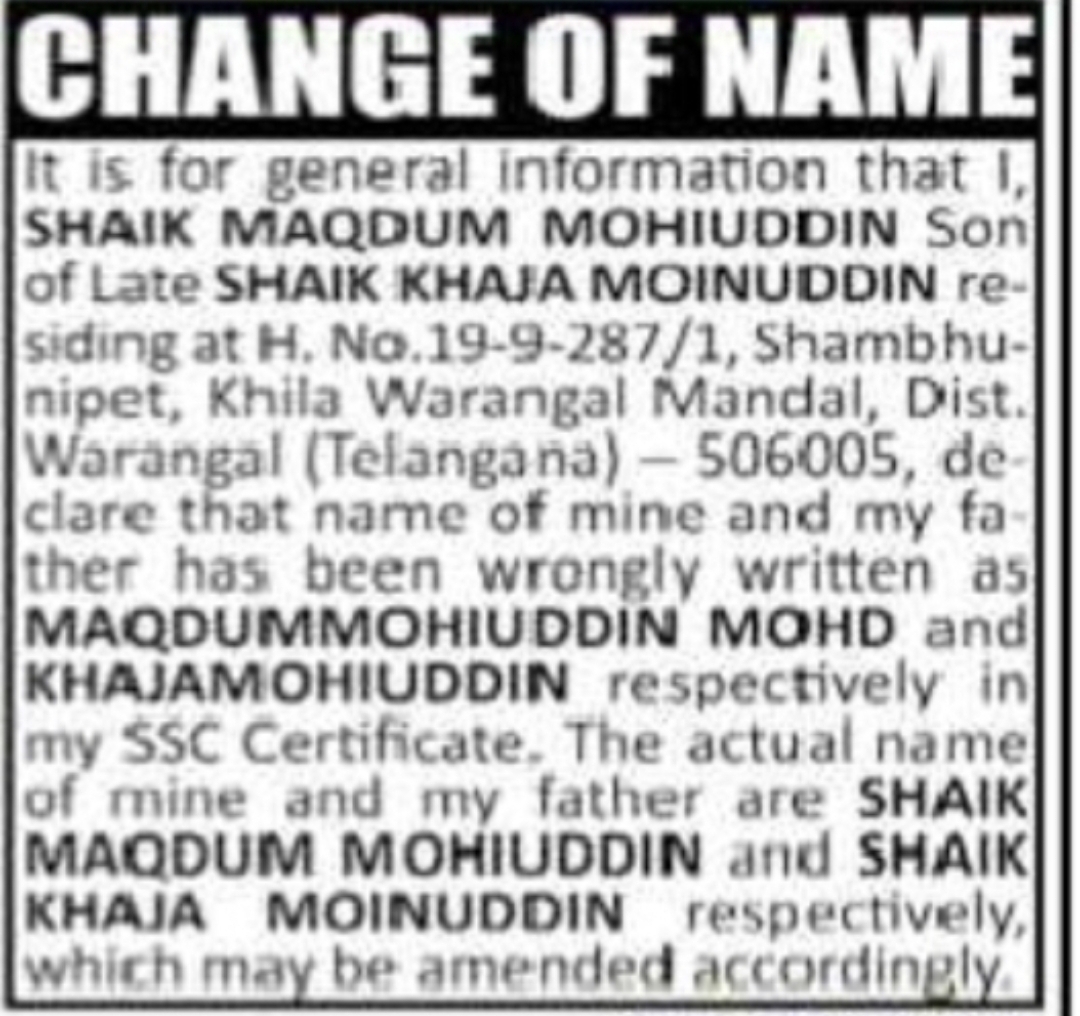CHANGE OF NAME SHAIK MAQDUM MOHIUDDIN