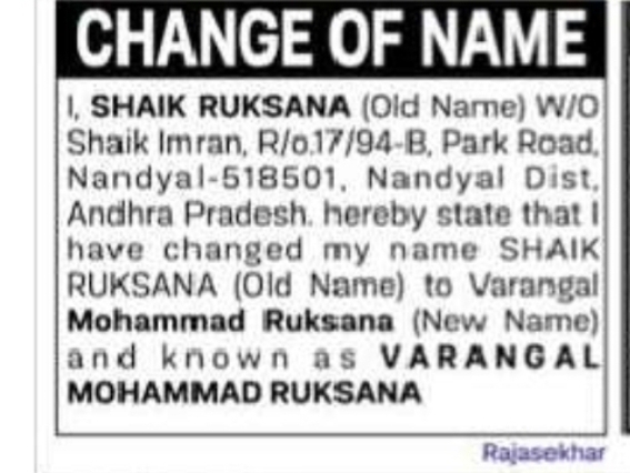 CHANGE OF NAME – SHAIK RUKSANA TO VARANG MOHAMMAD RUKSANA