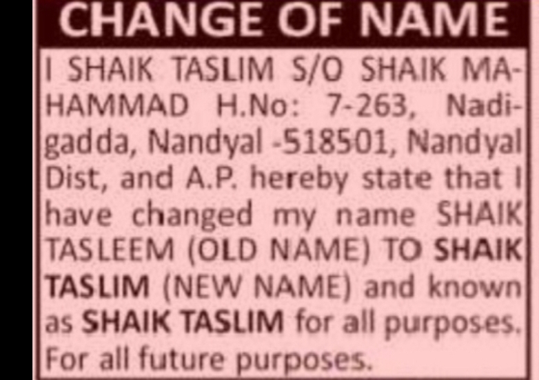 Change of Name – SHAIK TASLIM
