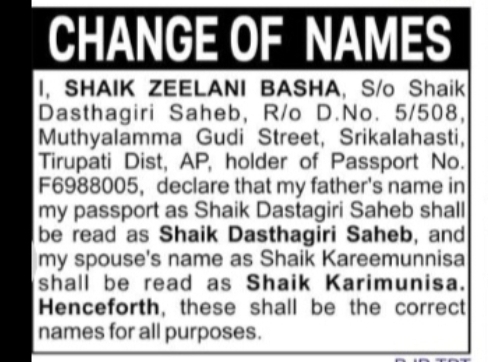 CHANGE OF NAME – SHAIK ZEELANI BASHA (PASSPORT CORRECTION)
