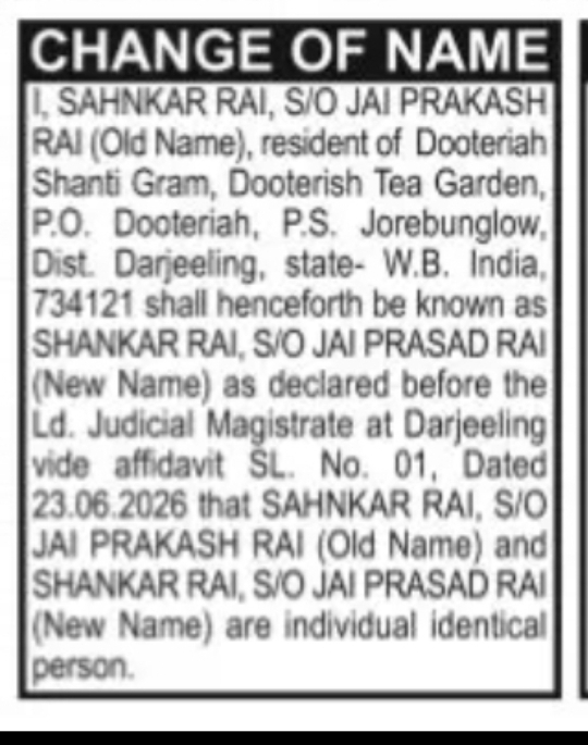 CHANGE OF NAME – SHANKAR RAI