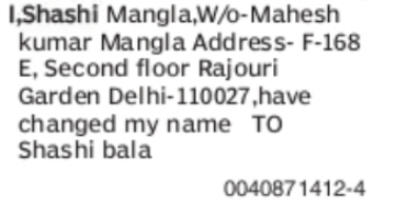 Change of Name: Shashi Mangla to Shashi Bala