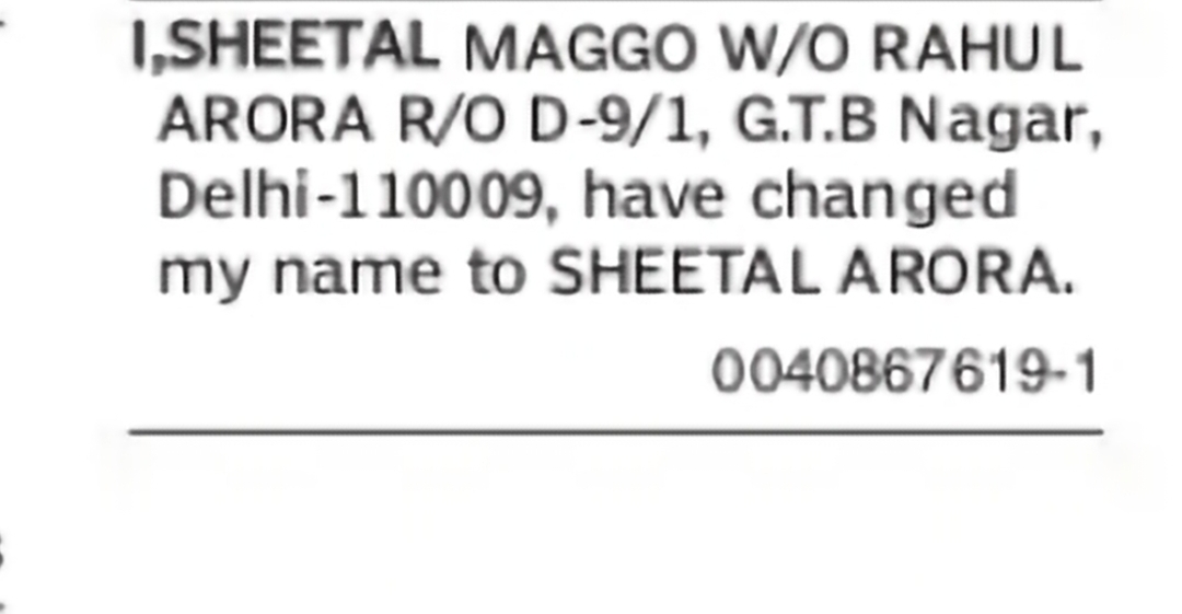Change of Name – Sheetal Maggo to Sheetal Arora