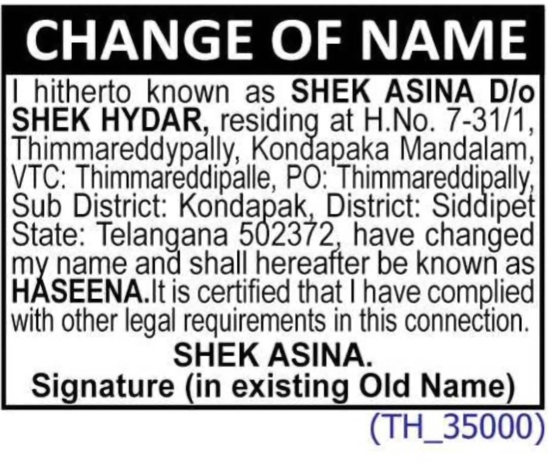 CHANGE OF NAME: SHEK ASINA