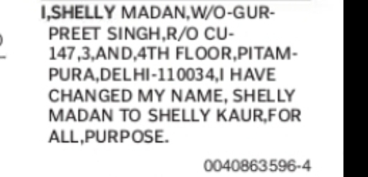 CHANGE OF NAME – SHELLY MADAN TO SHELLY KAUR
