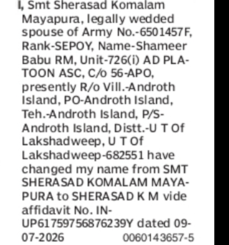 Change of Name – Sherasad Komalam Mayapura to Sherasad K M