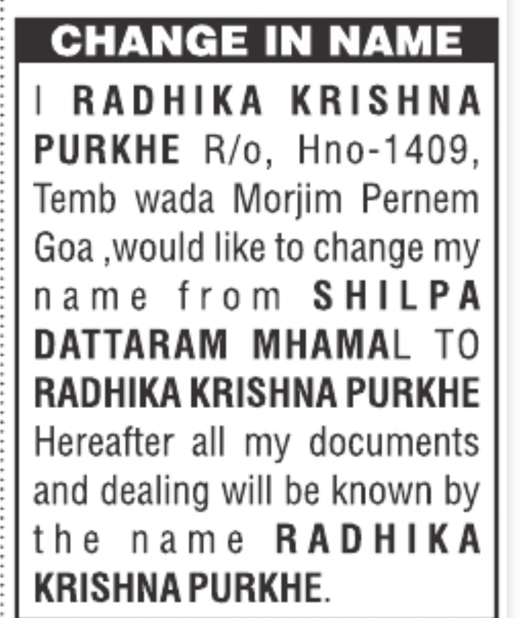 Change of Name – Shilpa Dattaram Mhamal to Radhika Krishna Purkhe