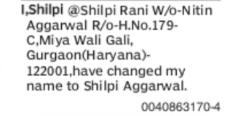CHANGE OF NAME SHILPI @ SHILPI RANI TO SHILPI AGGARWAL