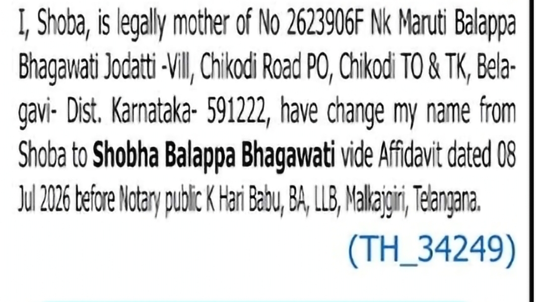 Change of Name: Shobha to Shobha Balappa Bhagawativde