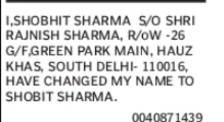 Change of Name: Shobhit Sharma to Shobit Sharma