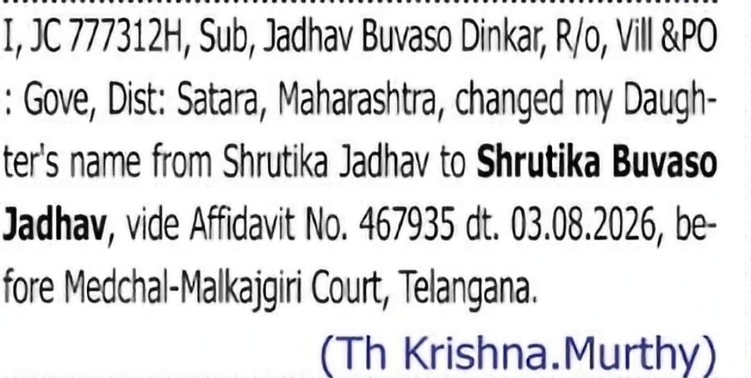 CHANGE OF NAME — SHRUTI JADHAV TO SHRUTIKA BUVASO JADHAV