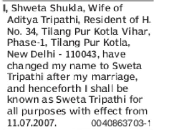 Change of Name – Shweta Shukla to Sweta Tripathi