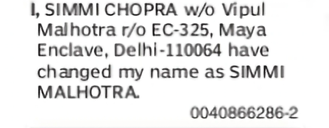 Change of Name: Simmi Chopra to Simmi Malhotra