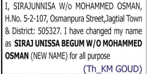 Change of Name: Sirajunnisa to Siraj Unissa Begum