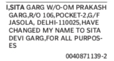 Change of Name: Sita Garg to Sita Devi Garg
