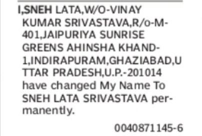 Change of Name – Sneh Lata to Sneh Lata Srivastava
