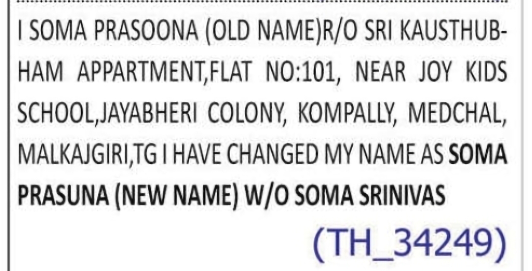 Change of Name – SOMA PRASOONA to SOMA PRASUNA
