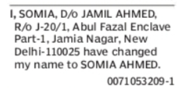 Change of Name: Somia to Somia Ahmed