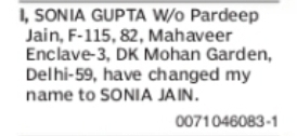 Change of Name: Sonia Gupta to Sonia Jain