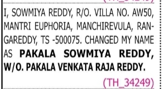 Change of Name – Sowmiya Reddy to Pakala Sowmiya Reddy