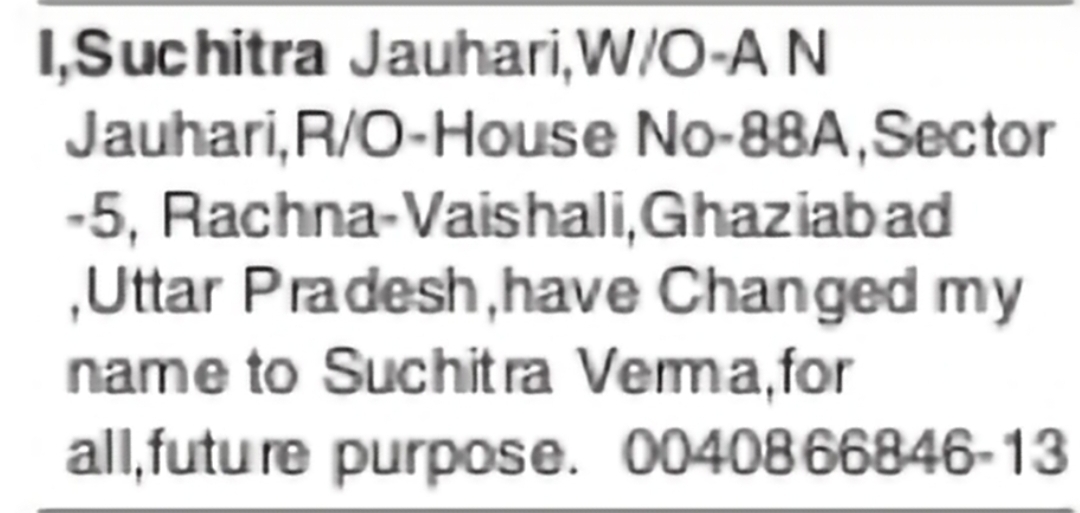 Change of Name – SUCHITRA JAUHARI to SUCHITRA VERMA