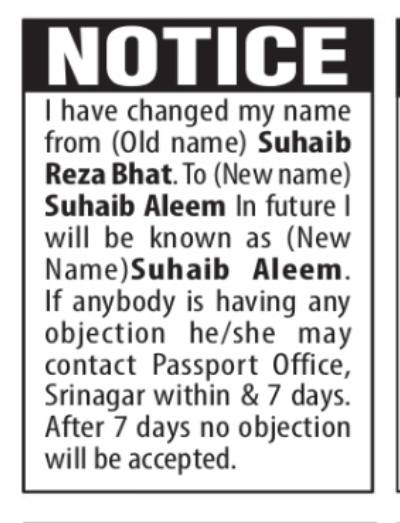 Change of Name – Suhaib Reza Bhat to Suhaib Aleem