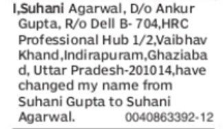 CHANGE OF NAME SUHANI GUPTA TO SUHANI AGARWAL