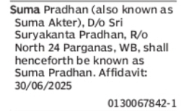 Change of Name – Suma Akter to Suma Pradhan