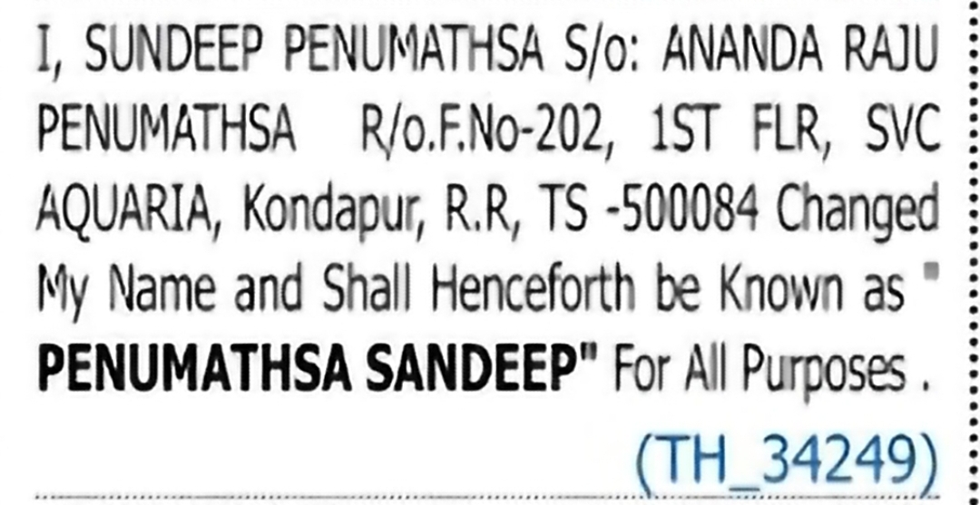 Change of Name – Sundeep Penumathsa to Penumathsa Sandeep