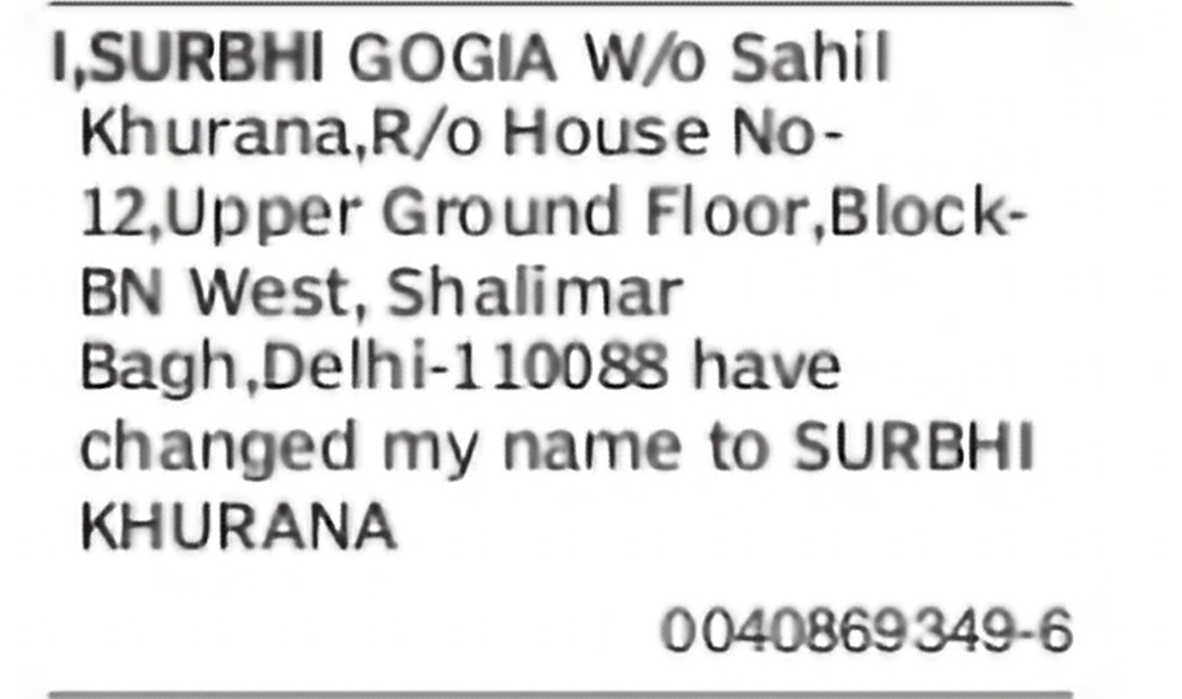 Change of Name – Surbhi Gogia to Surbhi Khurana