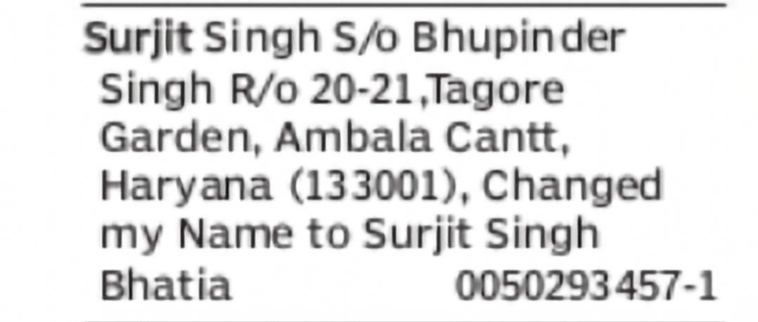 Change of Name – Surjit Singh to Surjit Singh Bhatia
