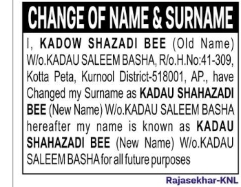 CHANGE OF NAME & SURNAME: KADOW SHAZADI BEE to KADAU SHAHAZADI BEE