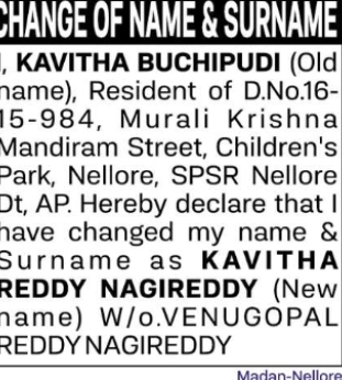 CHANGE OF NAME & SURNAME – KAVITHA BUCHIPUDI TO KAVITHA REDDY NAGIREDDY
