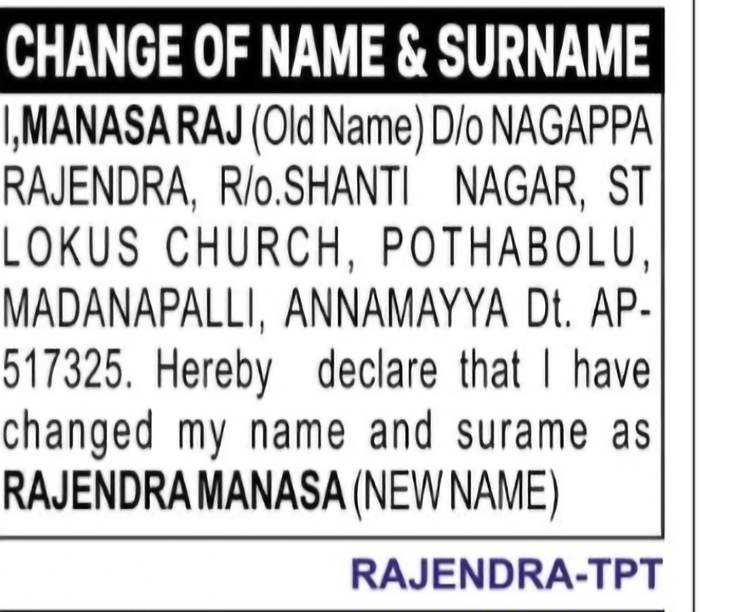 Change of Name & Surname – Manasa Raj to Rajendra Manasa