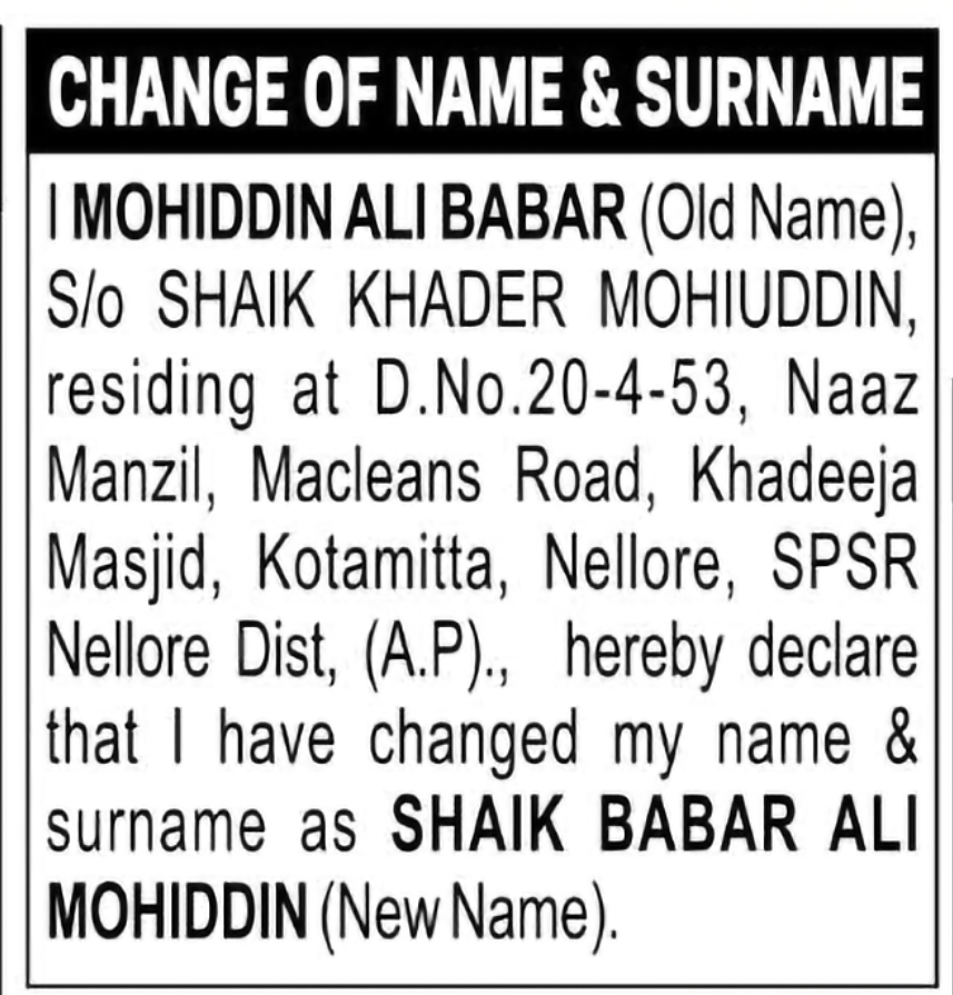 Change of Name & Surname – Mohiddin Ali Babar to Shaik Babar Ali Mohiddin