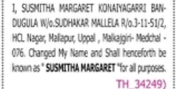 Change of Name: Susmitha Margaret Konayagarri Bandugula to Susmitha Margaret