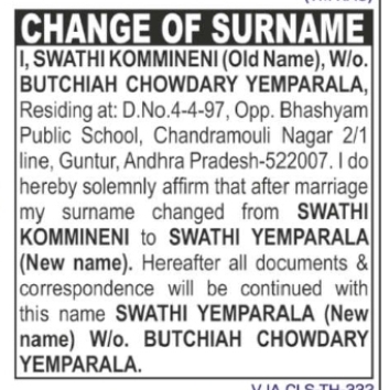 CHANGE OF NAME SWATHI KOMMINENI TO SWATHI YEMPARALA