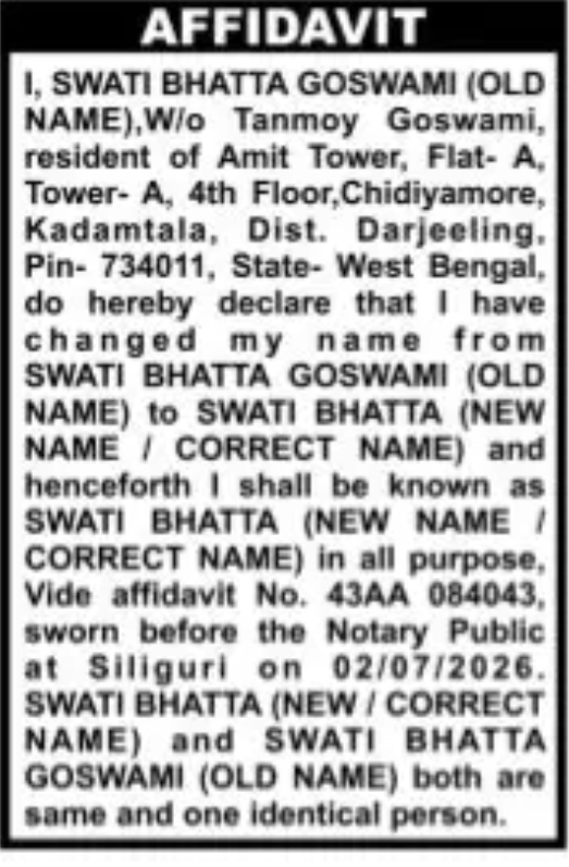 Change of Name – Swati Bhatta Goswami to Swati Bhatta