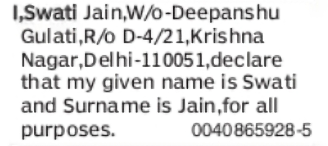 Change of Name Swati Jain to Swati Jain