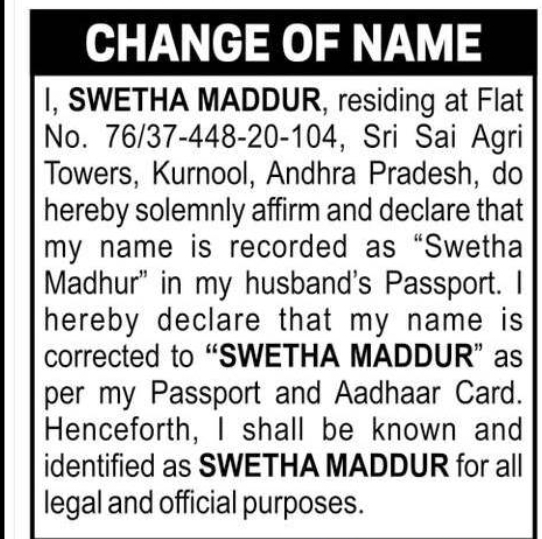 Change of Name: Swetha Madhur to Swetha Maddur