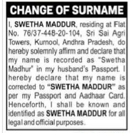 Change of Name – Swetha Madhur to Swetha Maddur