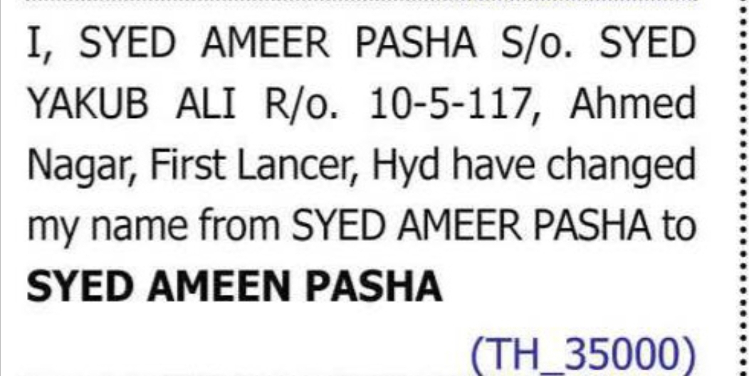CHANGE OF NAME — SYED AMEER PASHA TO SYED AMEEN PASHA