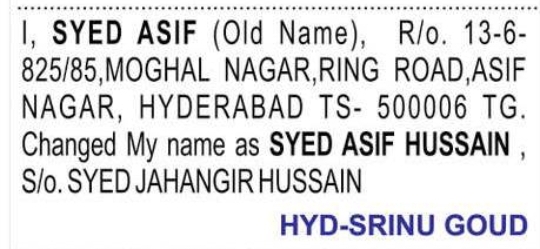 Change of Name Syed Asif to Syed Asif Hussan