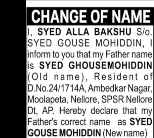 CHANGE OF NAME – SYED GHOUSE MOHIDDIN (FATHER NAME CORRECTION)