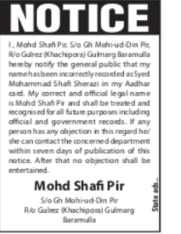 Change of Name – Syed Mohammad Shafi Sherazi to Mohd Shafi Pir
