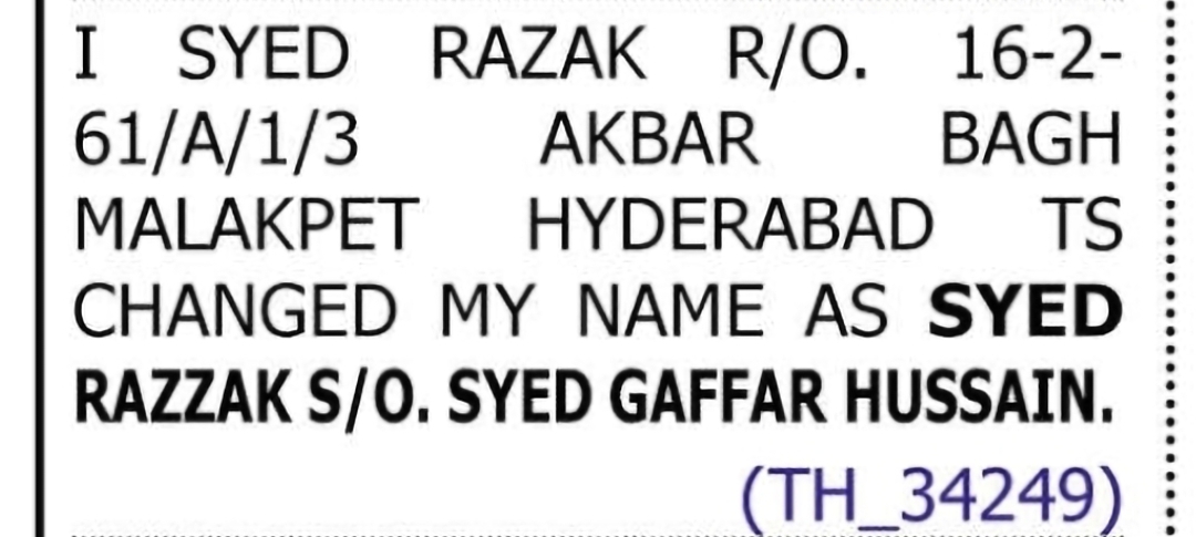 Change of Name: SYED RAZAK to SYED RAZZAK