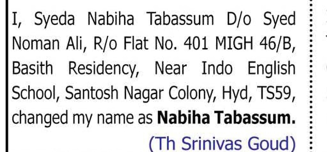 Change of Name – Syeda Nabiha Tabassum to Nabiha Tabassum