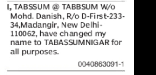 CHANGE OF NAME TABSSUM @ TABBSUM TO TABASSUM NIGAR
