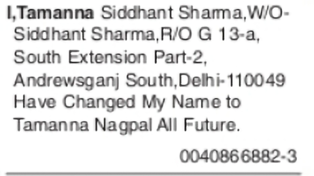 Change of Name – TAMANNA SIDDHANT SHAMA to TAMANNA NAGPAL