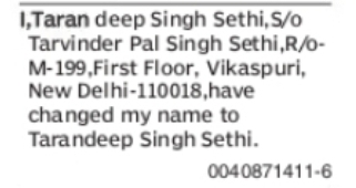 Change of Name: Taran Deep Singh Sethi to Tarandeep Singh Sethi